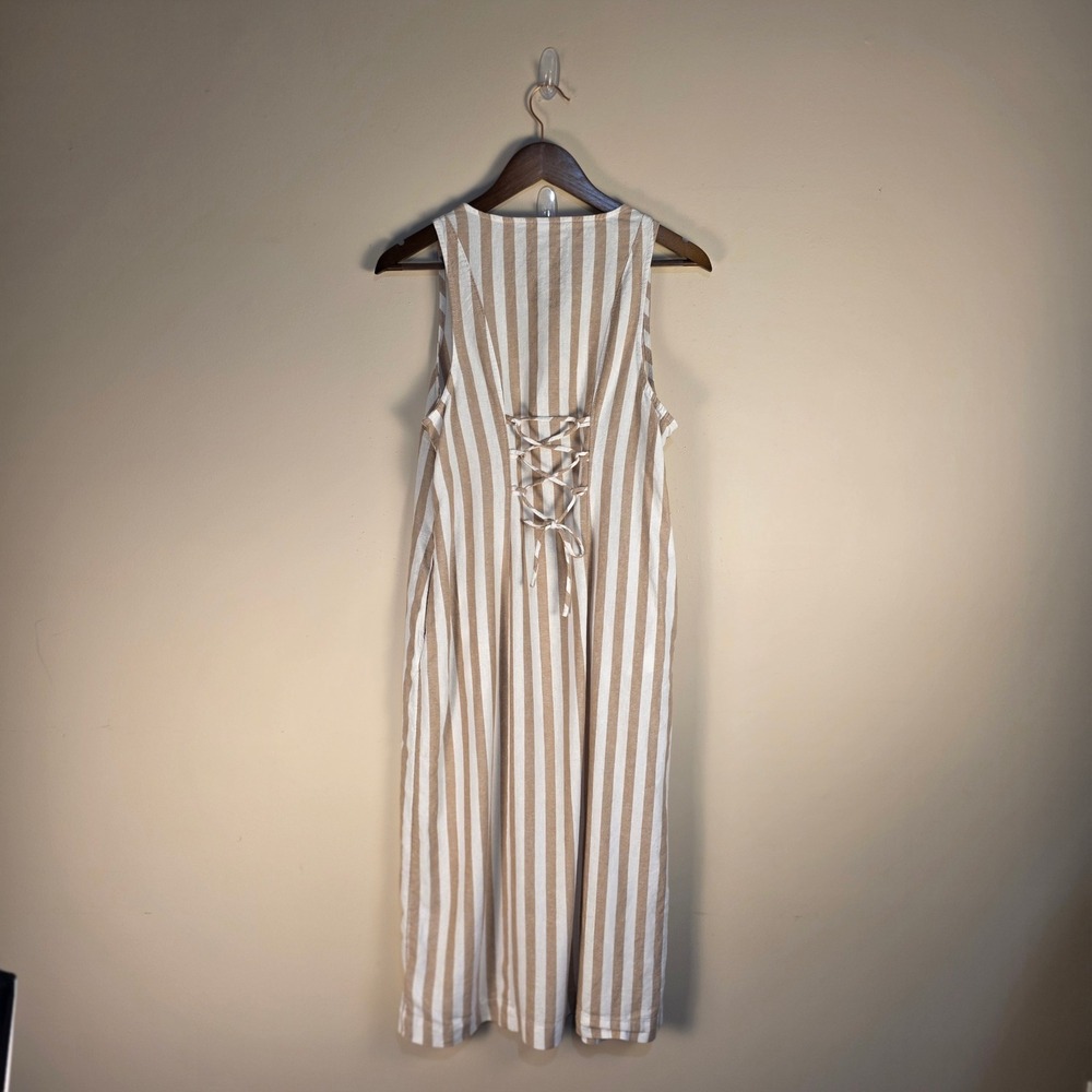 Old Navy Midi Dress Womens Medium Tan Striped Linen Blend Lace Up Back Pockets - Picture 4 of 10